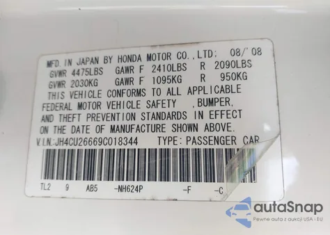 2009 Acura Tsx z USA, uszkodzony, nr VIN JH4CU26669C018344